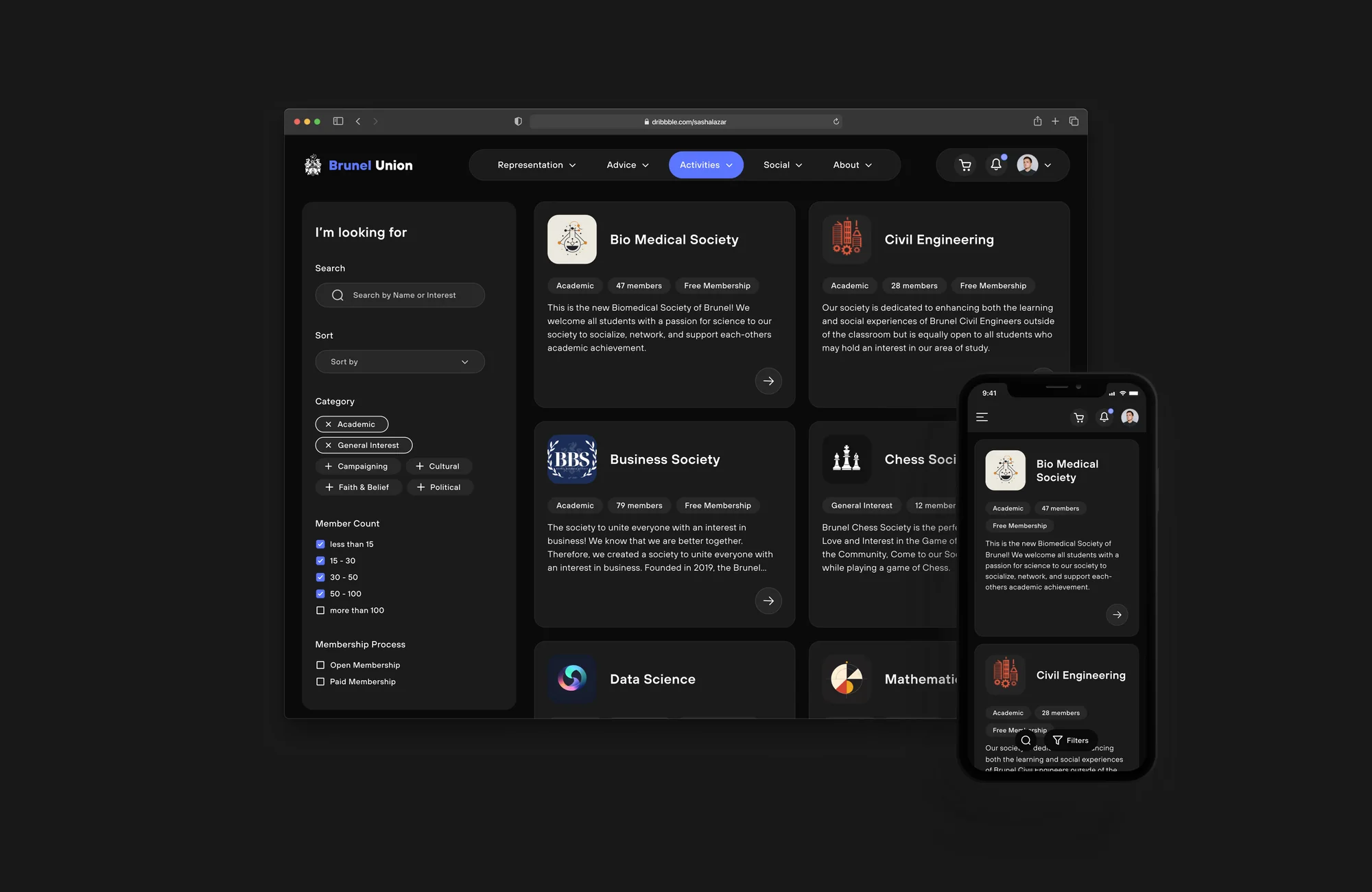 Dark mode on desktop and mobile: filters on the left, society cards with tags and descriptions