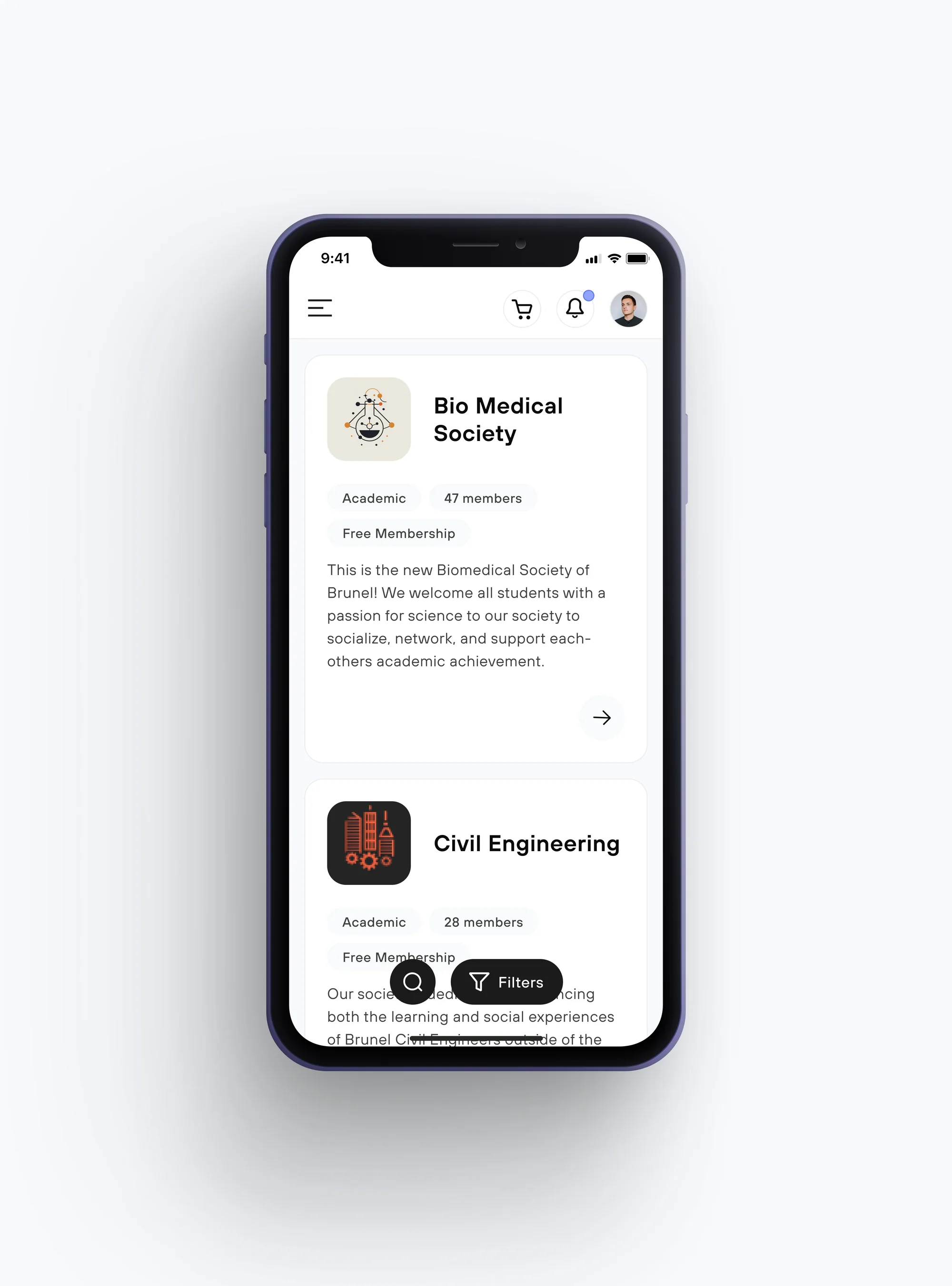 Mobile: society cards with search and filter buttons floating at the bottom