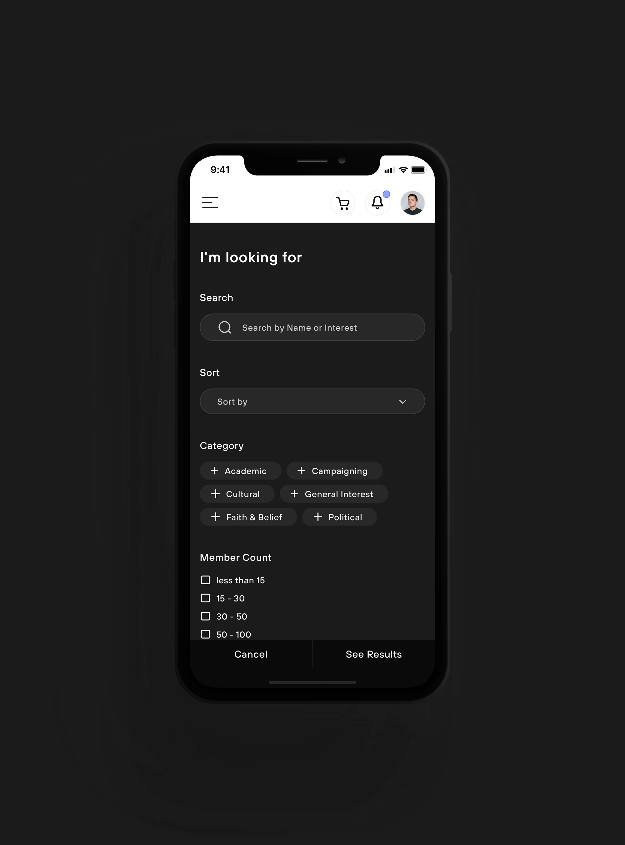 Mobile filters in dark mode: search, sort, category chips and member count