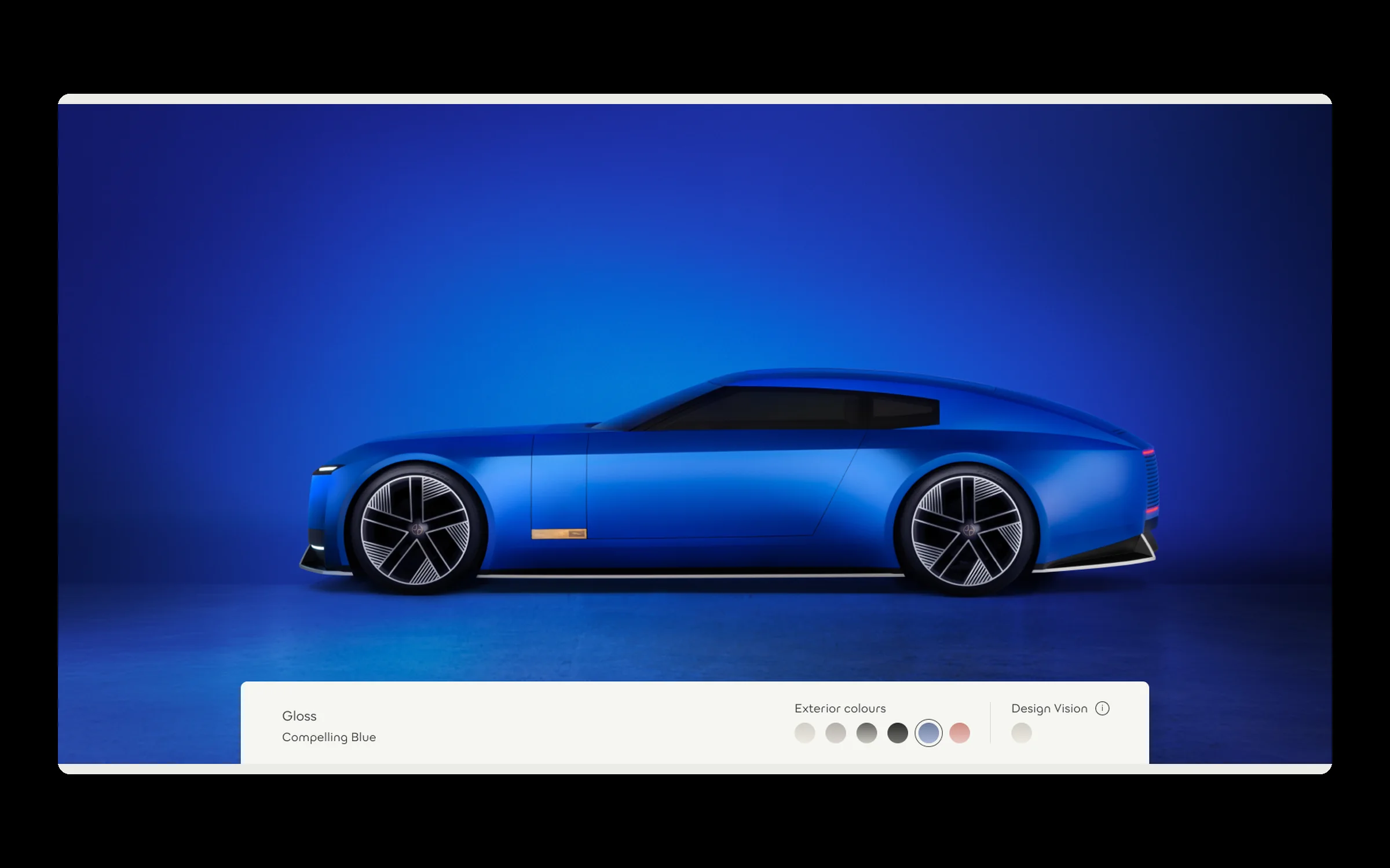 Exterior colour picker: the X900 in Compelling Blue gloss, with swatches and the Design Vision finish