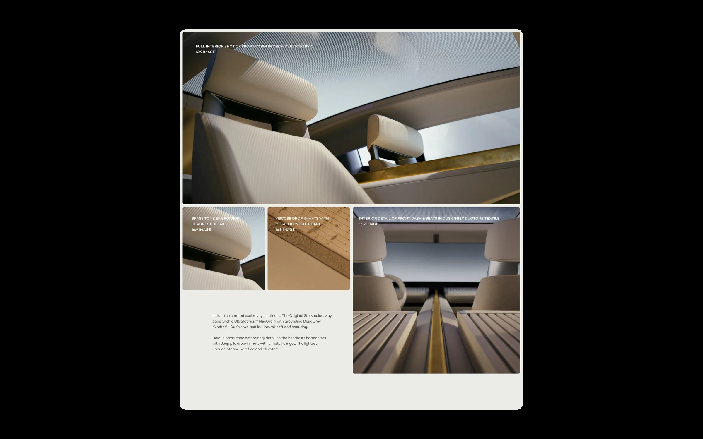 Interior: the front cabin in Orchid Ultrafabric, brass-tone headrest embroidery, drop-in mats and the dash