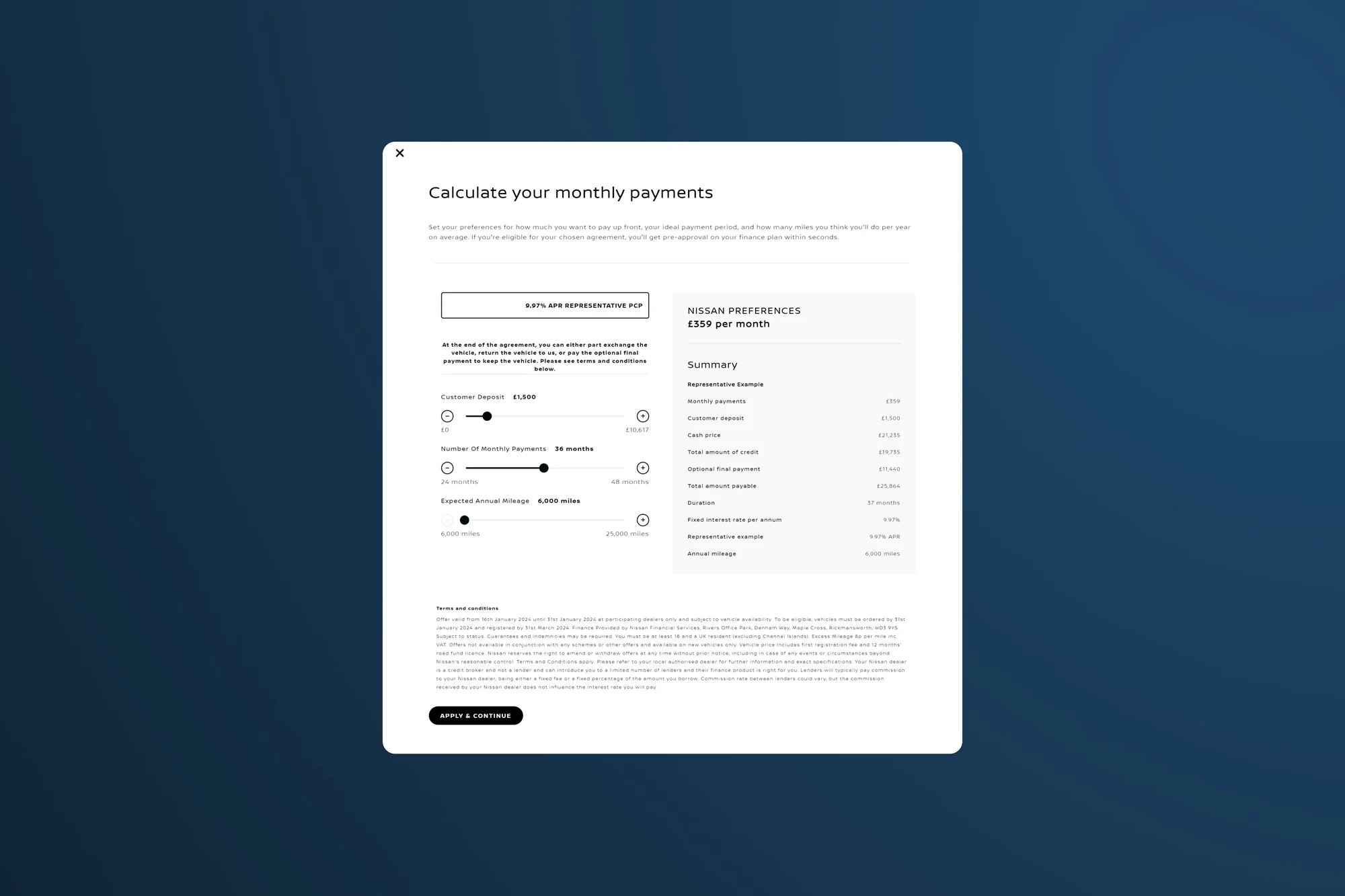Calculate your monthly payments: sliders for deposit, term and mileage beside a summary