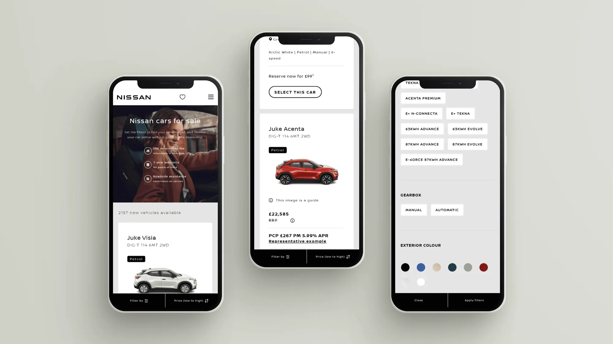 Three phones: cars for sale, a car card with finance, and the filters