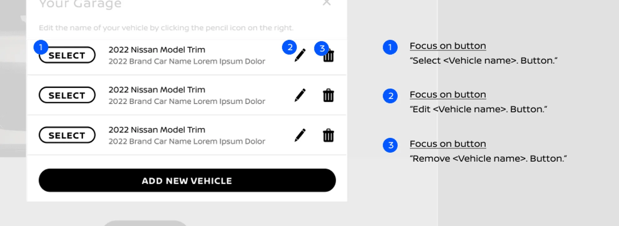 Your garage panel annotated with focus order: each Select, Edit and Remove button announces the vehicle name