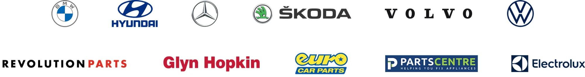 Logos of the 11 competitors studied: BMW, Hyundai, Mercedes-Benz, Škoda, Volvo, Volkswagen, Revolution Parts, Glyn Hopkin, Euro Car Parts, Parts Centre and Electrolux