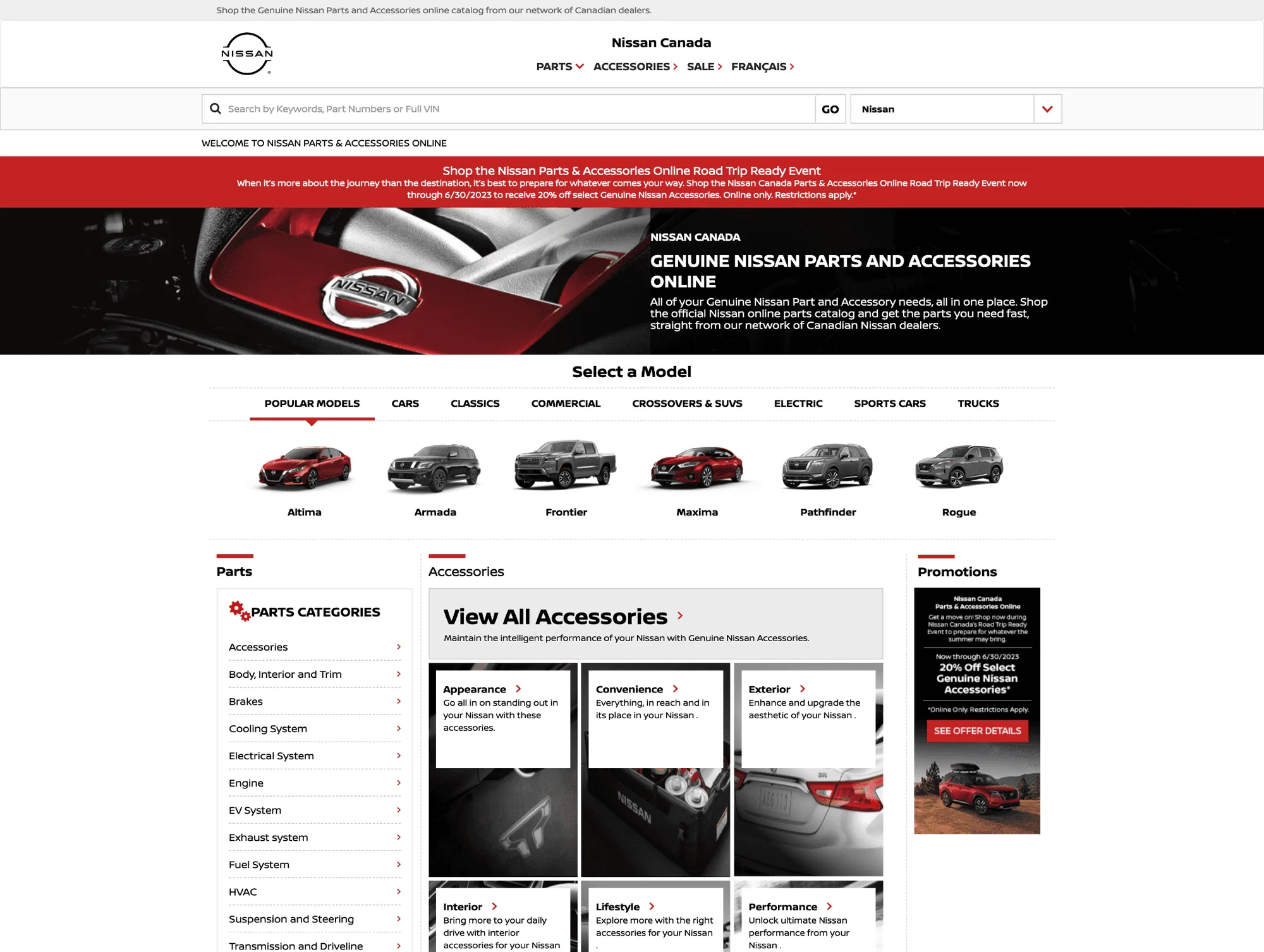 The live Nissan Canada parts and accessories homepage before the redesign: a promotional banner, model picker, part categories and accessory tiles