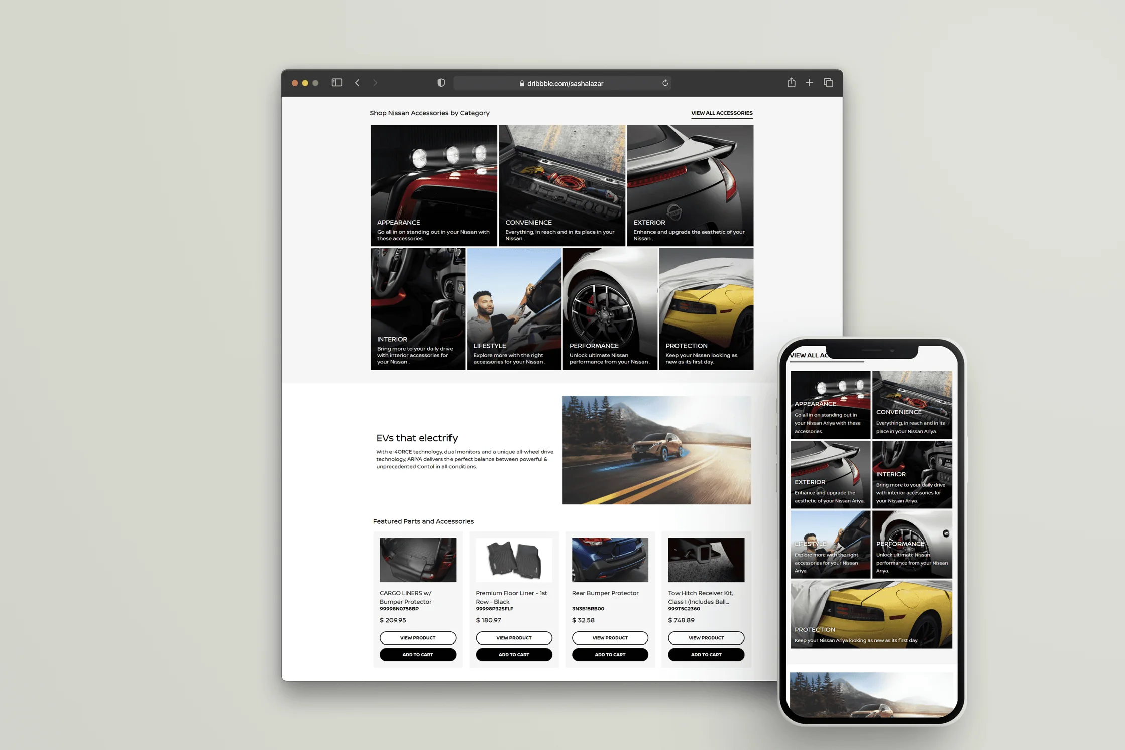 Shop by category page with large image tiles, shown on desktop and mobile