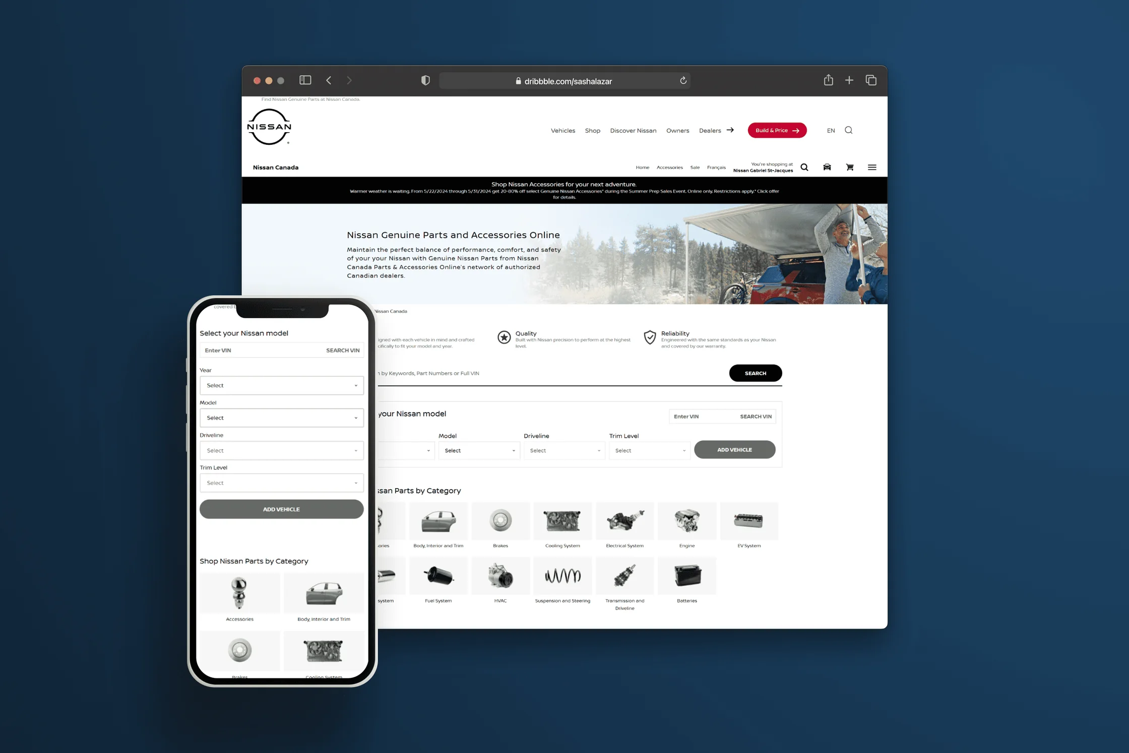 The redesigned Nissan Parts and Accessories homepage on desktop and mobile, with the vehicle selector