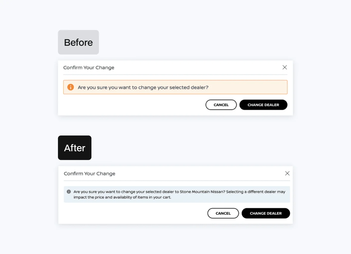 Before: ‘Are you sure you want to change your selected dealer?’ After: the message names the new dealer and warns that prices and availability may change