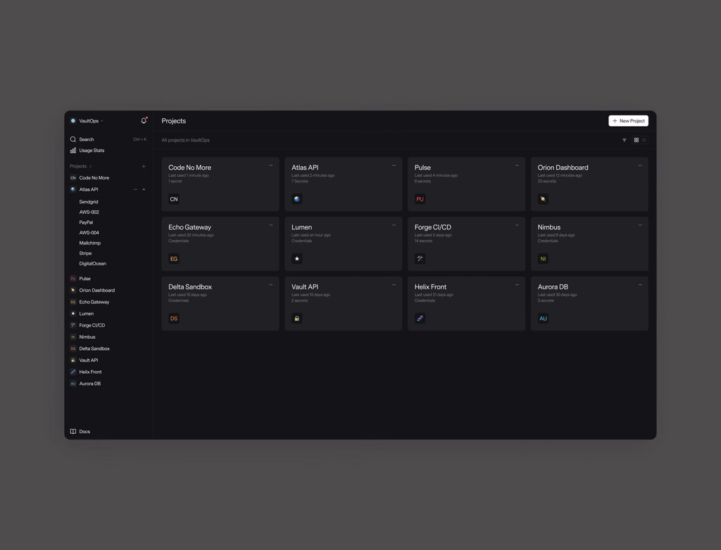 Zero dashboard listing projects and their secrets, in dark mode